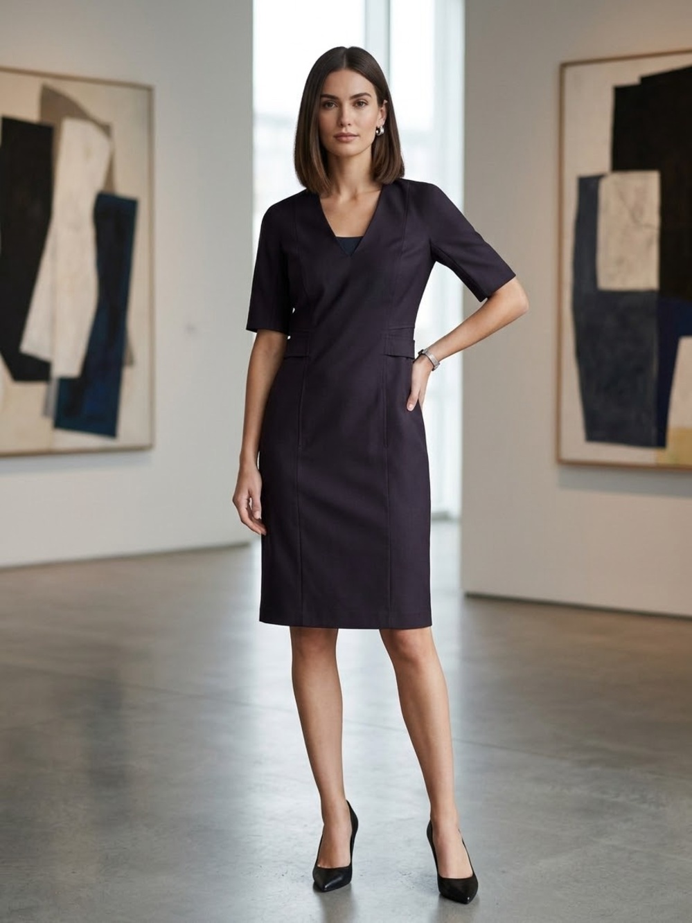 HUGO BOSS Dibelo Dress W US 6 Plum Purple 100% Virgin Wool V-Neck Sheath Work